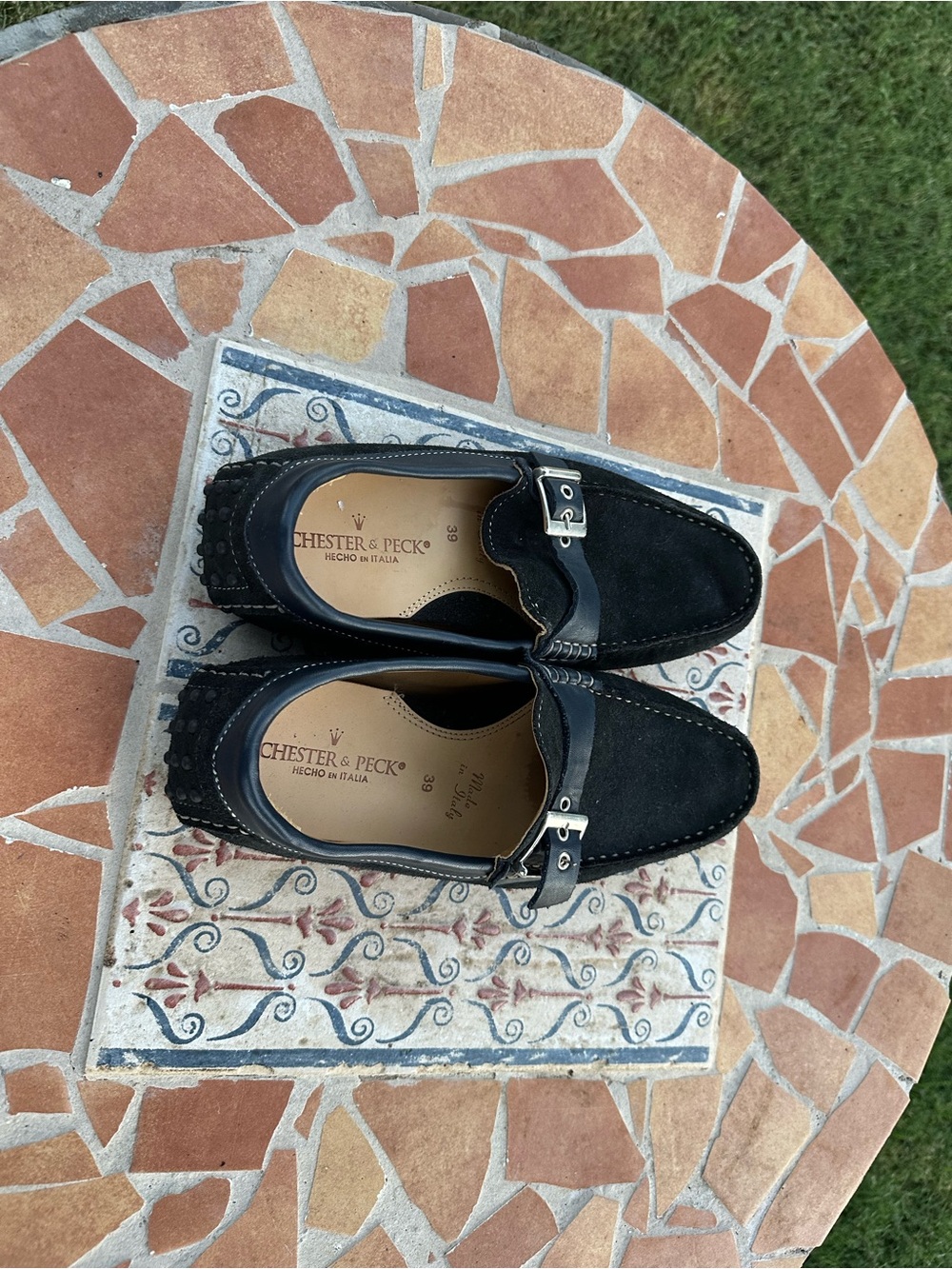 Chester & Peck Black Suede Driving Loafers Made In Italy Buckle Men's Size 39